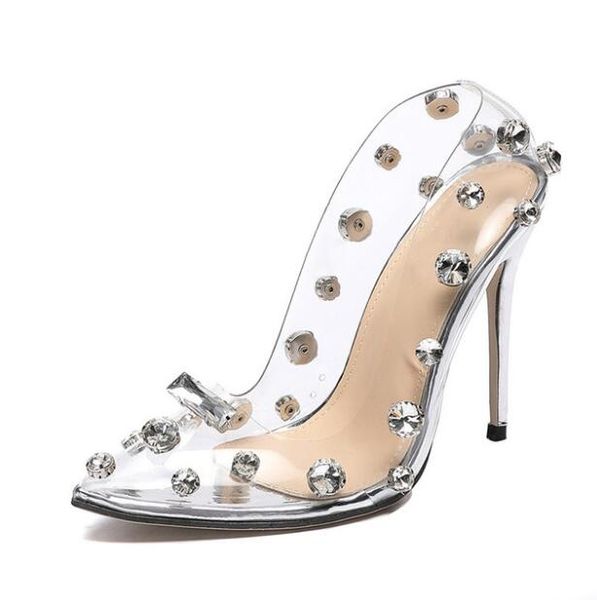 

2021 design rivet crystal pumps wedding women shoes high heels pvc transparent night club femme shoes, Black