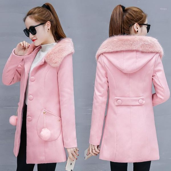 

woolen coat women's long section autumn and winter new slim thickening waist hooded solid color woolen coat jq2691, Black