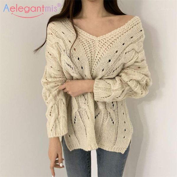 

aelegantmis new fashion hollow out crocheted sweater women spring autumn pullover loose ladies v-neck casual jumper1, White;black
