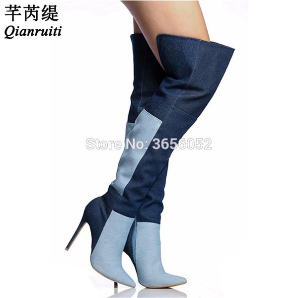 

qianruiti mixed color stiletto denim boots thin high heels zapatillas mujer pointed toe cowgirl shoes ladies over the knee boots, Black