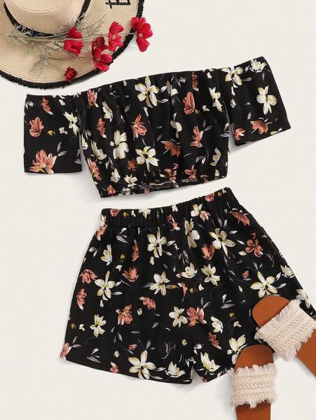 

floral off-the-shoulder crop & shorts set p6iz#, White