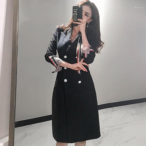 

women's suits & blazers 2021 autumn knee-length double breasted women outwear notched striped office work coat blazer1, White;black