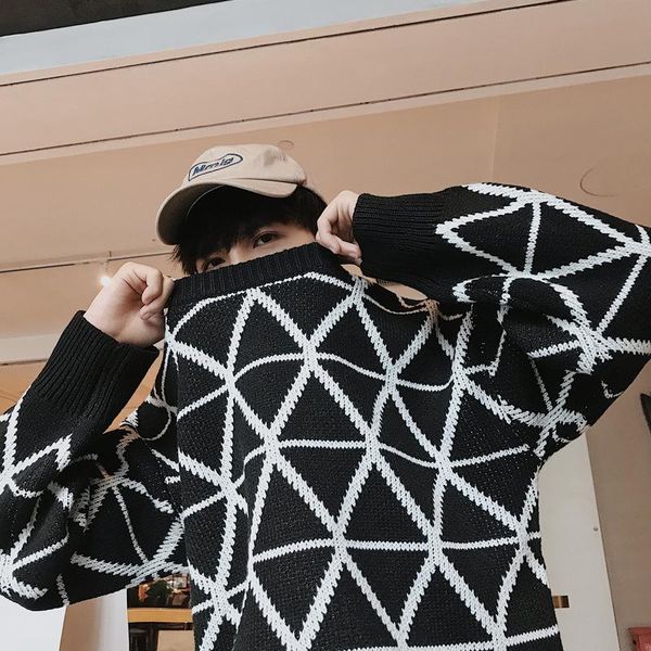 

round neck plaid sweater men's korean version of the spring and autumn trend of all-match bf casual loose knitted sweater, White;black