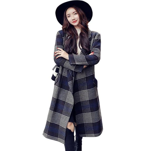 

women's wool & blends fashion plaid woolen coat female spring and autumn long jacket women windbreaker high end womens loose outerwear, Black