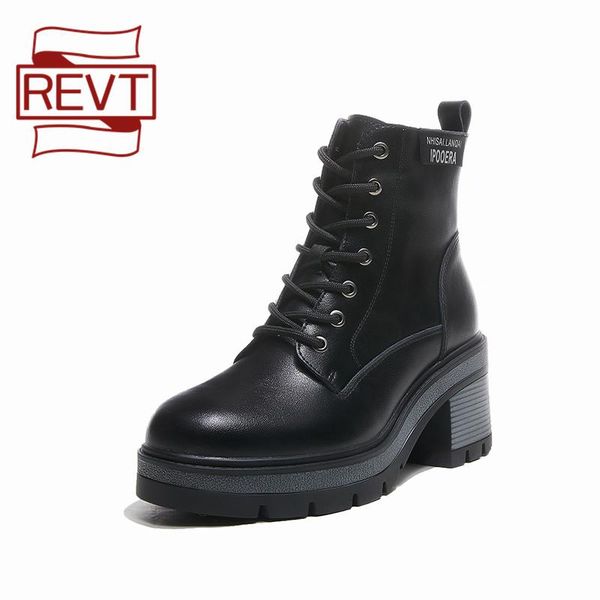 

boots revt 7cm thick heel women's women 2021 autumn winter leather casual british style knight short, Black