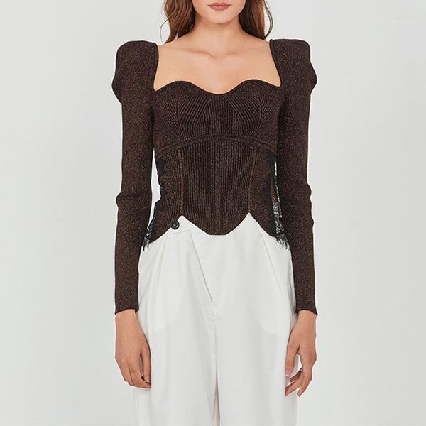 

2020 new arrivals fashion square collar long vintage ruffle puff sleeves square neck women crop lace blouse sweater1, White