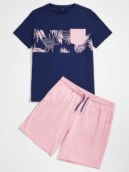 

men tropical & colorblock print tee & shorts set b7yn#, Gray