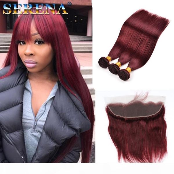 

2019 unprocessed 99j hair bundles with closure #99j malaysian straight human hair 3 bundles with lace frontal 4pcs lot red hair, Black;brown