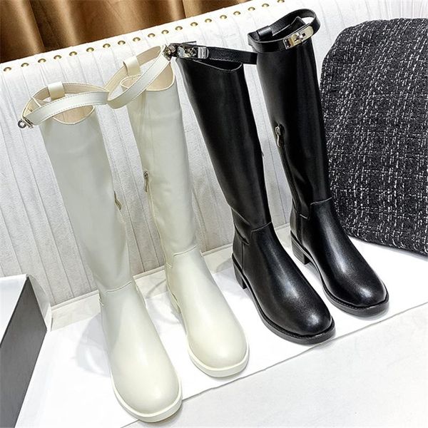 

2020 ins winter luxury women white black knee high boots lady western riding long boots fashion lady low heels thigh high