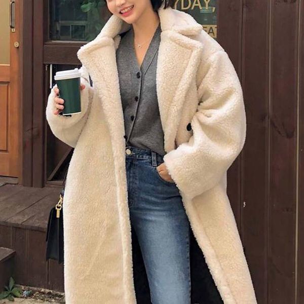 

women's fur & faux winter women retro imitation lamb long coats 2021 female fashion solid fleece jacket turn down collar teddy coat, Black