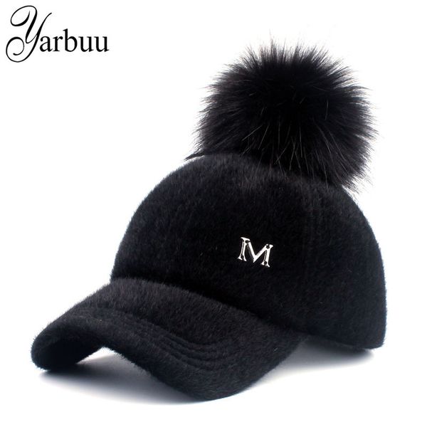 

yarbuu] new brand baseball caps winter cap for women faux fur pompom ball cap adjustable casual snapback hat capq1228, Blue;gray