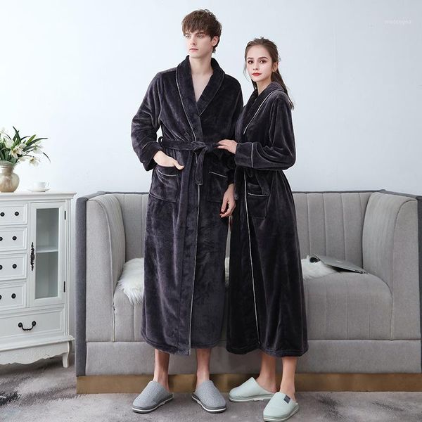 

winter flannel robe for couple loose oversize 3xl warm kimono bathrobe long sleeve v-neck sleepwear turn-down collar nightgown1, Black;red