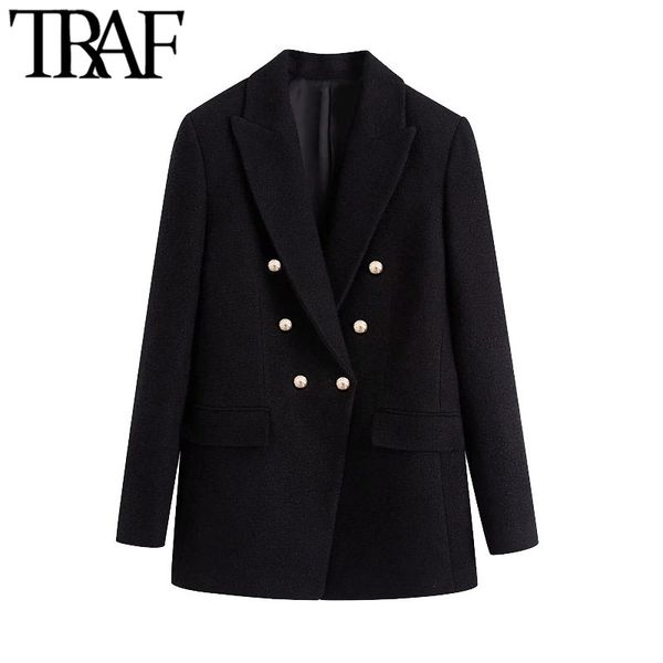 

traf women fashion office wear double breasted tweed blazer coat vintage long sleeve pockets female outerwear chic 201201, White;black