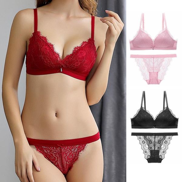 

women underwear set wire brassiere lace thin 3/4 cup back closure lingerie breathable comfortable solid color bra, Red;black