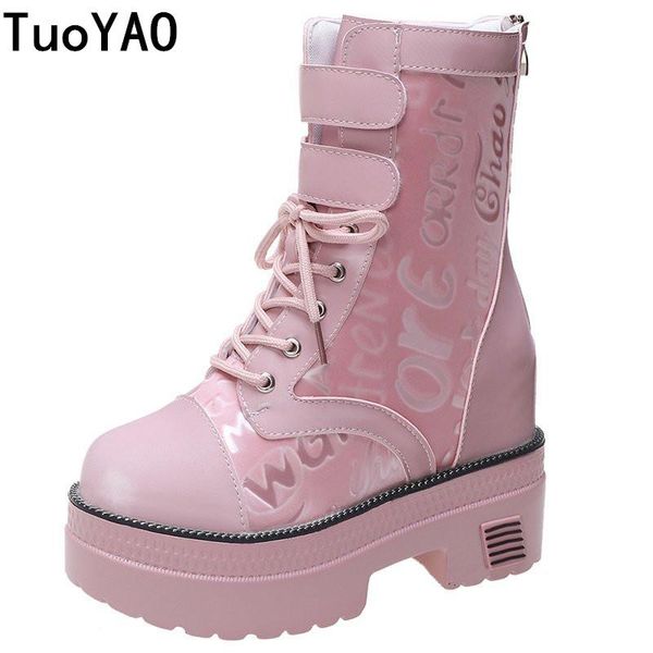 

women's autumn ankle boots platform breathable chunky sneakers short boots round toe 10.5cm heel thick bottom winter new, Black