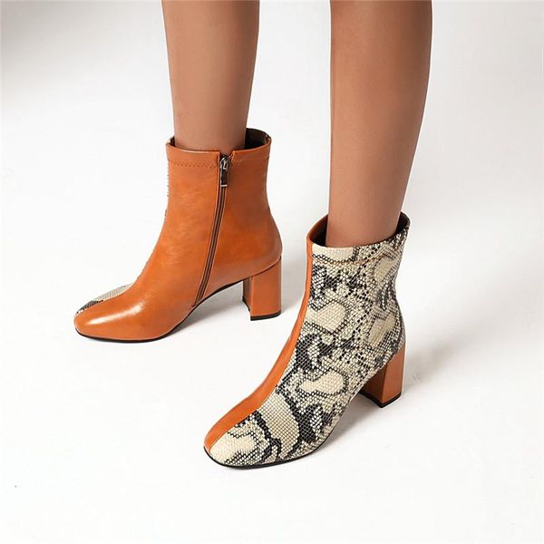

yqbtdl 2020 fashion block heels booties woman patchwork snake print black brown high heel boots winter womens shoes ankle boots