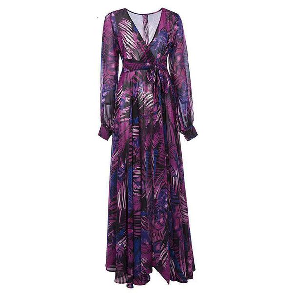 

2020 new ladies dressed, v-neck fashion dress long ladies chiffon lantern printed dress as beach h0037, Black;gray