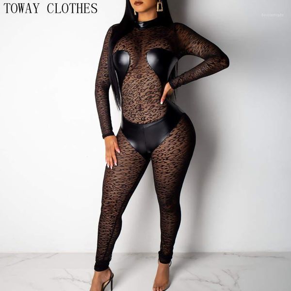 

women's jumpsuits & rompers women leather bandage long sleeve leopard printed bodycon jumpsuit see through skinny club mesh overall1, Black;white