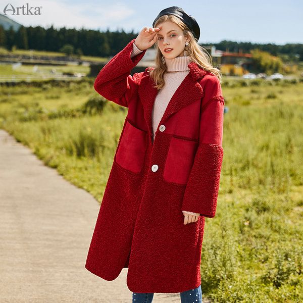 

artka 2019 winter new women vintage red fake mink lambswool splicing thick coat single-breasted warm long outwear wa15099dx1020, Black