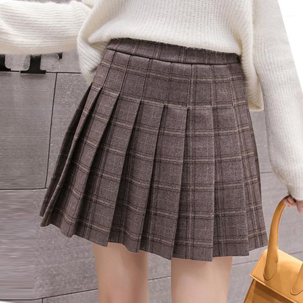 

woolen plaid high waist slim pleated skirt1, Black