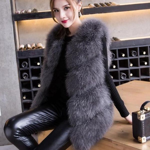 

high-end winter women's faux fur vest coat ostrich fur waistcoat fashion slim sleeveless jacket single breasted outwear l1700, Black