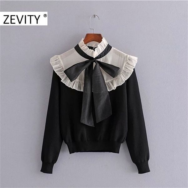 

zevity women high street agaric lace patchwork knitting sweater female long sleeve bow tied casual slim chic pullovers s418 201111, White;black