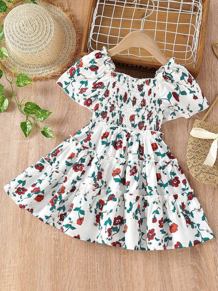 

toddler girls floral print shirred layered dress she, Red;yellow