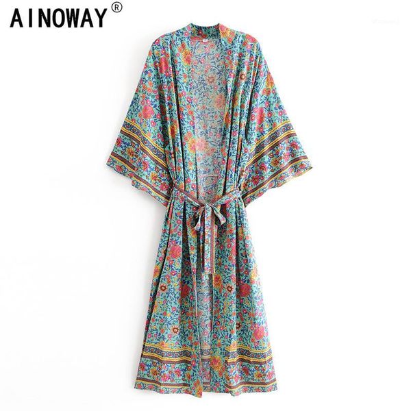 

vintage chic women green floral print sashes bohemian kimono ladies v neck batwing sleeves boho maxi dress robe1, White