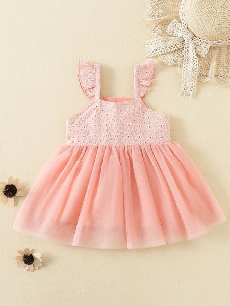 

baby eyelet embroidery mesh hem cami dress she, Red;yellow