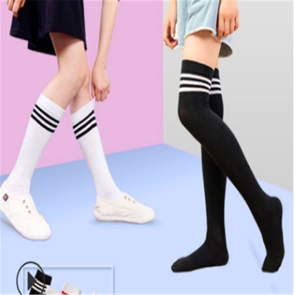 

students three bars autumn cotton knee high tube children socks men and women white dance performance stockings c497, Red;black