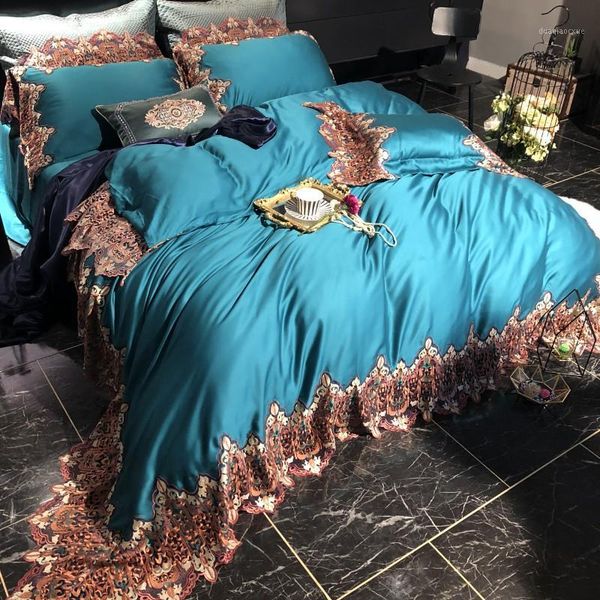 

bedding sets blue 100s tencel silk soft lace royal set duvet cover bed sheet linen pillowcases  king size 4pcs1