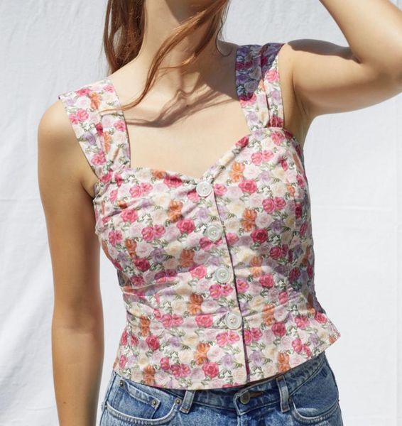 

rose print women sling vest slim single-breasted fashion casual wild lady short tank 2020 new, White