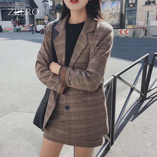 

autumn winter casual 2 piece set woman vintage plaid single-breasted long sleeve blazer jacket + high waist pencil skirt suit, White