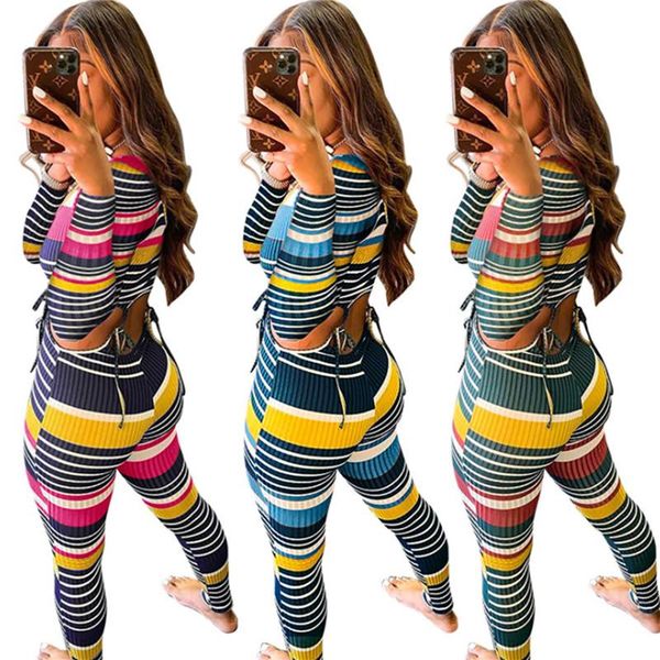 

women's tracksuits women colorful striped two piece set clothes tracksuit low cut long pants casual sportswear 2 outfit for female, Gray