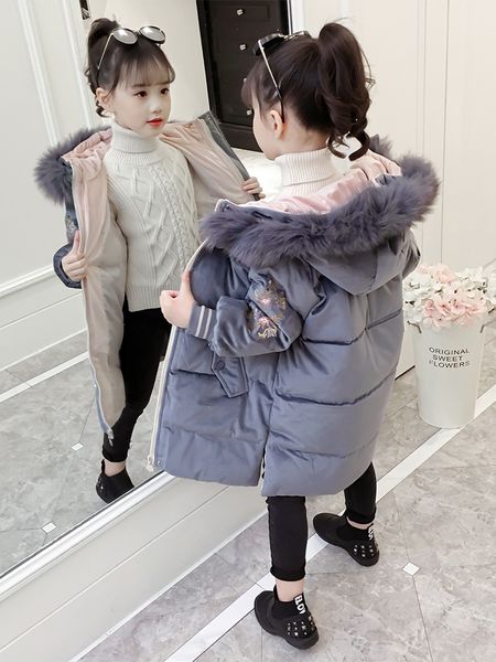

2020 new winter down big children's clothes girls' foreign style cotton padded jacket, Blue;gray