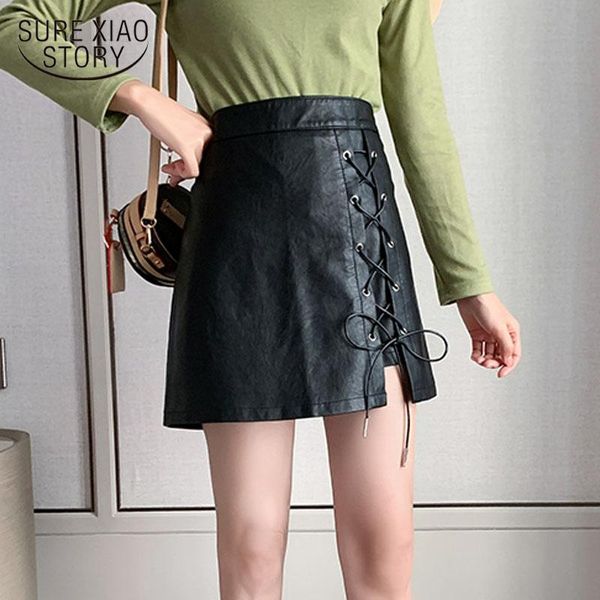 

skirts 2021 fashion leather a-line spring high waist female short skirt casual lace-up causal solid color feminine 11368, Black