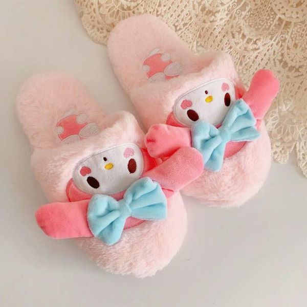

slippers winter woman plush bowtie sweet girl cute indoor slipper female non slip comfort ladies warm shoes 2021 fashion1, Black