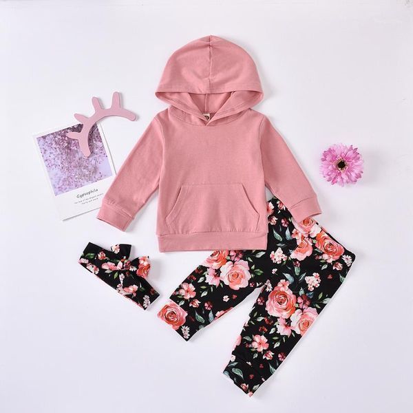 

children's sets 2020 autumn baby hooded t shirt and floral pants headwear1, White