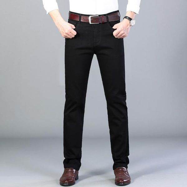 

winter men's jeans 2020 new warm slim fit business fashion thicken denim trousers black blue