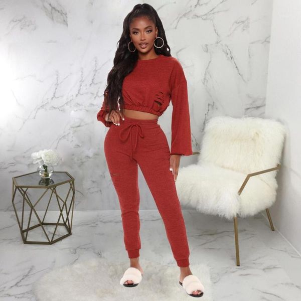 

women casual solid color round neck long sleeve crop and ripped hole pantstwo piece set smr-97921, Gray