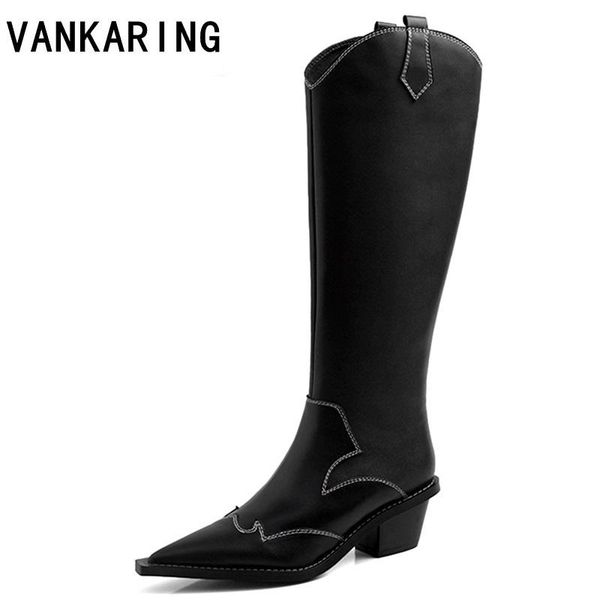 

панк стиль заостренный носок скольжения на колено высокие сапоги женщин мягкой кожи низкий каблук швейное осень зима cowgirls сапоги сексуал, Black