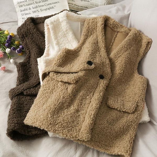 

women's vests korean version of the long one-button lamb hair vest jacket women 2021 outer wear all-match western-style small coat, Black;white