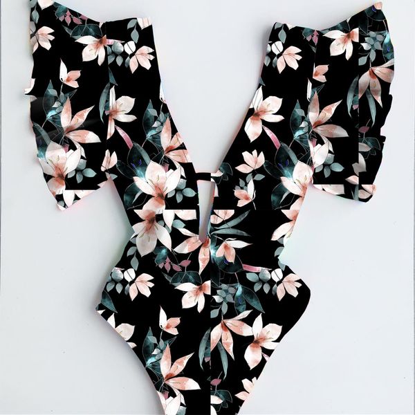 

2020 new one piece swimwear women swimsuit floral print padded bathing suit cut out beach wear bodysuit monokini female t200708, White;black