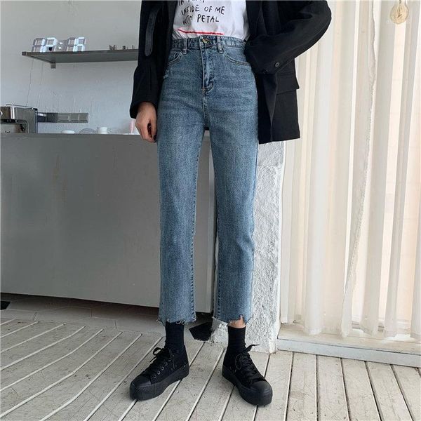 

high waist fresh jeans denim pants fashion light plus fashion stylish women irregular straight loose elastic casual button1, Blue