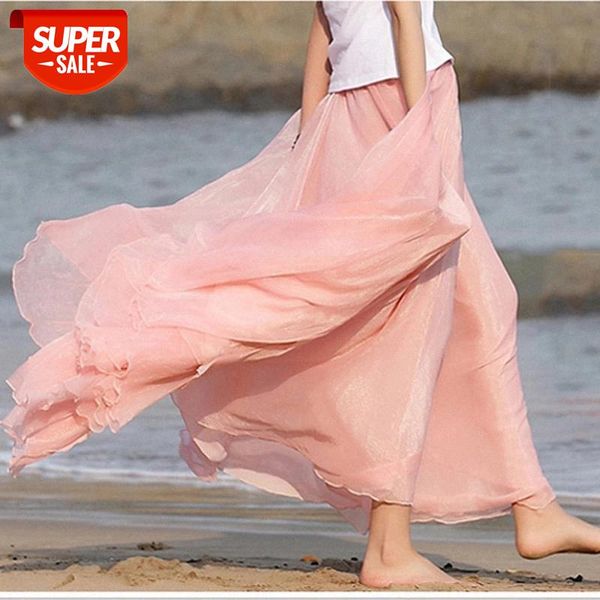 

meihuida 2019 womens boho double layer chiffon long maxi skrits summer beach casual sundress skirt faldas de mujer #j964, White;black