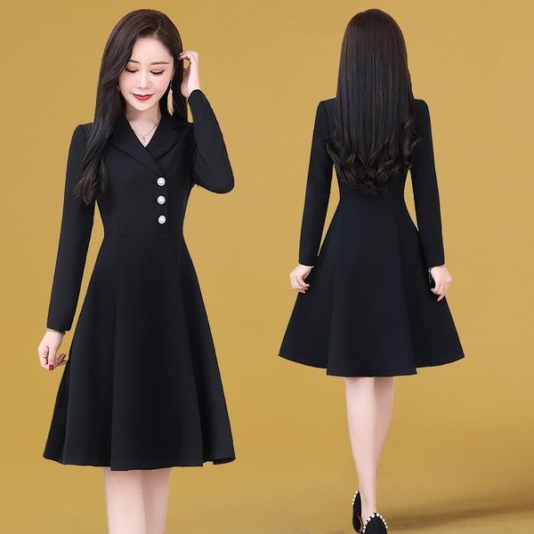 

yeqce women's suit collar 2020 autumn a light mature dress wind waist slimming and age-reducing temperament and spring autumn newline d, Black;gray