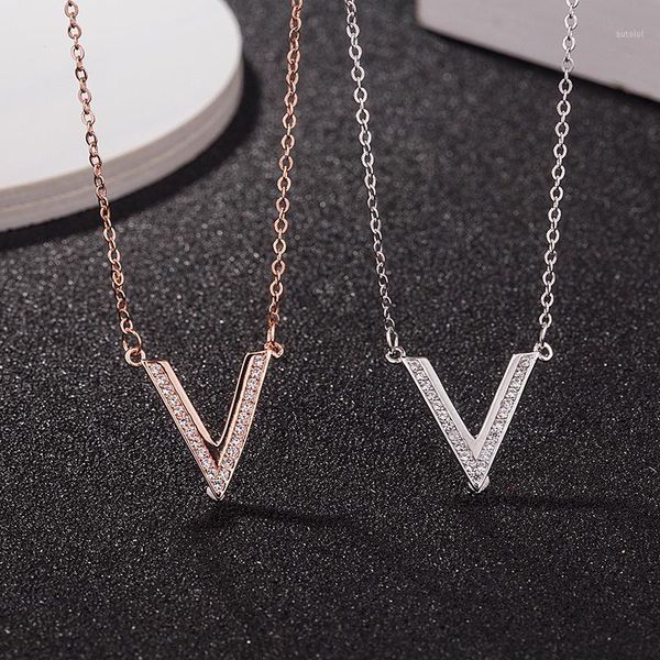 

s925 sterling silver micro inlay personality v-shaped necklace for women fashion women's clavicle chain silver jewelry1