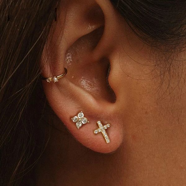 

februaryfrost brand shiny cubic zircon cross stud earrings for women punk ear jewelry 925 sterling silver earring small helix piercing earri, Golden;silver