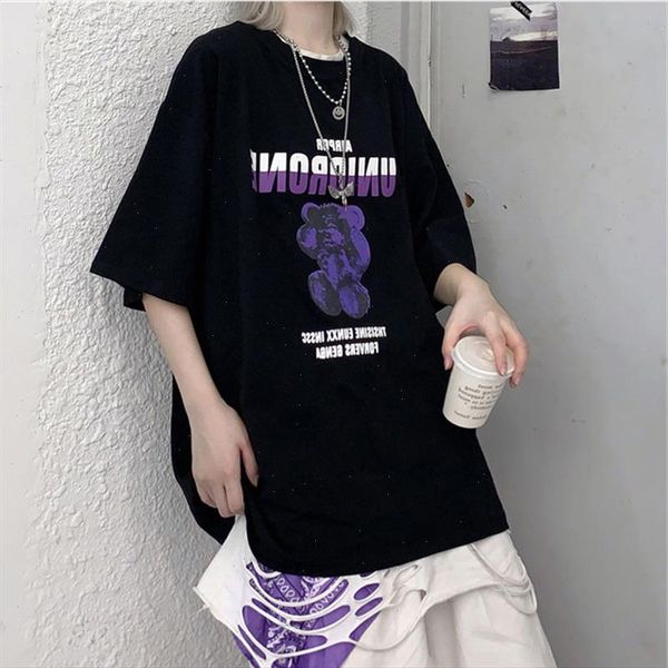 

summer harajuku punk gothic korean purple letter bear cartoon print chic cotton dark oversized hip hop vintage women t shirt, White
