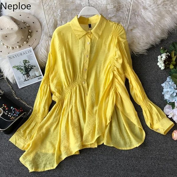 

neploe spring 2019 women chic irregular lantern sleeve blusa vintage solid single breasted turn-down collar blouse 430991, White